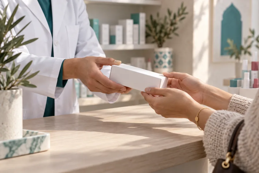 Une conseillère remet un produit à une cliente au comptoir